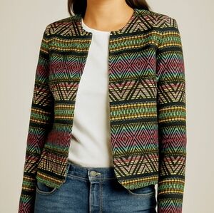 Tahari Tribal Aztec Print Canvas Open Front Jacket Colorful 12 Holidays